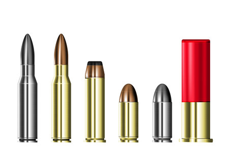 Cartridge cases with bullets, hunting and military ammunition,  set of ammo cartridges isolated on transparent background, vectorのイラスト素材