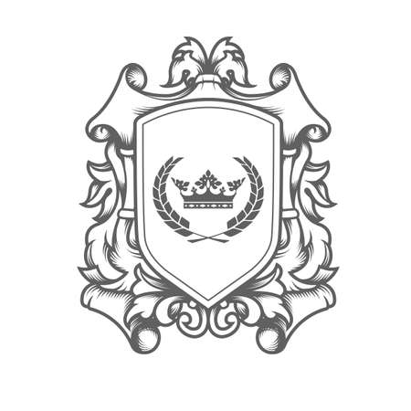 luxury imperial coat of arms template, laced heraldic shield with king crown, ancestral medieval crest or blazon,  vectorのイラスト素材