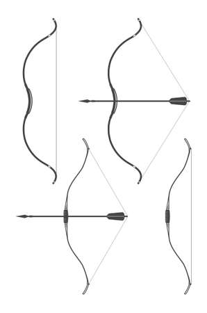 Bow with drawn bow string and arrow, archery, silhouettes of vintage bows and arrows isolated on white background, vectorのイラスト素材