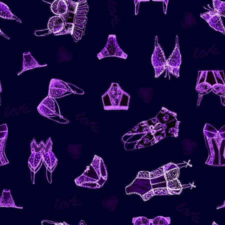 Lingerie seamless pattern.underwear design background. Outline hand drawn illustration. Bras and panties doodle. Fashionable women's wallpaperの写真素材