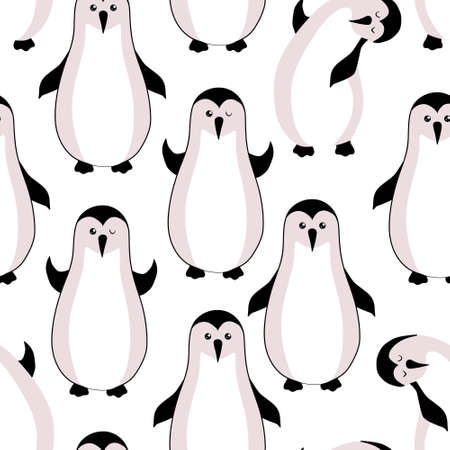 Winter seamless pattern with cute cartoon penguins and ice cream on a white background.のイラスト素材