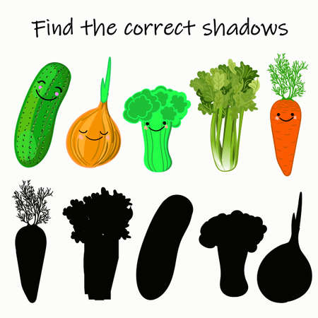 Find the right shade of vegetable. Educational game for children. Find the right shadow. Kids activity with cartoon vegetables.のイラスト素材