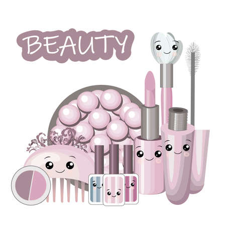 Cute cartoon set with kawaii cosmetics and girls beauty accessories - face cream, perfume, woman stuff concept, vector flat illustration.のイラスト素材