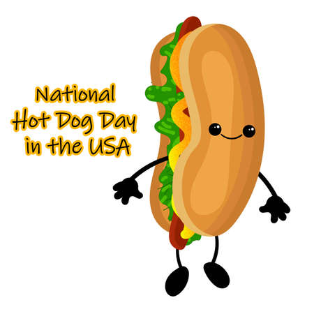 National Hot Dog Day poster with funny cartoon hot dog. Hot dog day label or stampのイラスト素材