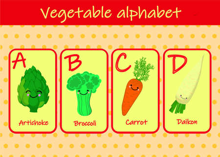 Illustration with funny characters. Children's font in cartoon style VEGETABLES . Set of multicolored bright letters for inscriptions AND TRAINING. Vector illustration of the alphabet..のイラスト素材
