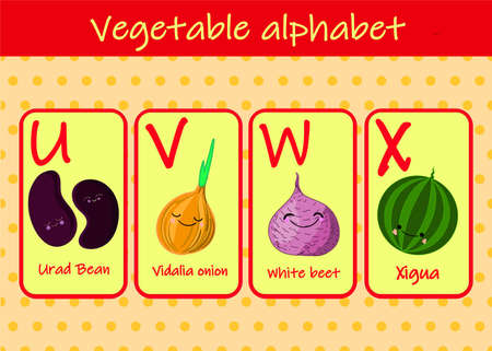 Illustration with funny characters. Children's font in cartoon style VEGETABLES . Set of multicolored bright letters for inscriptions AND TRAINING. Vector illustration of the alphabet..のイラスト素材