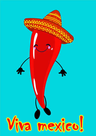 Viva Mexico, traditional mexican phrase holiday, lettering vector illustration.Vector illustration of a spicy chili pepper with flame. Cartoon red chili with hat sombrero for mexican food.のイラスト素材