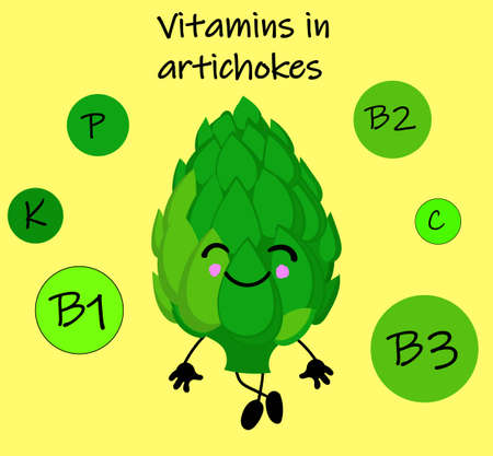 card for children's learning. Witches in vegetables. Useful properties of artichoke. Vector illustrationのイラスト素材