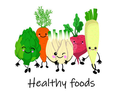 A fun collection of plant cartoon characters. Vector vegetable isolates. Set of various cute happy vegetable characters.のイラスト素材