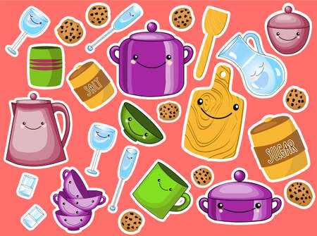 Vector set of children's kitchen and cooking drawings icons in doodle style.のイラスト素材