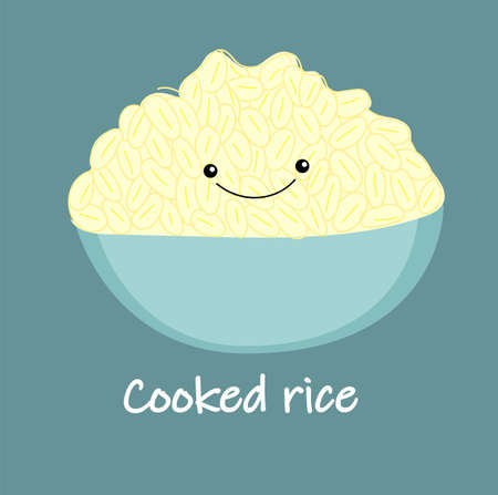 cute white cooked rice cartoon vector. Thai food. Bowl, Bowl Hand Drawn Vector Illustration.のイラスト素材