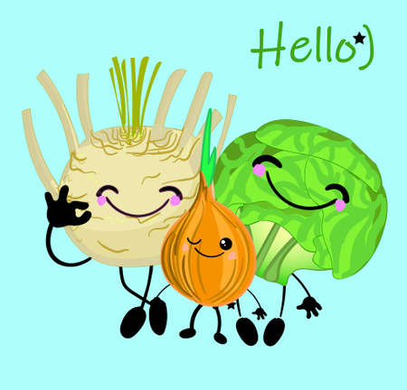 A fun collection of plant cartoon characters. Vector vegetable isolates. Set of various cute happy vegetable characters. Vector flat illustration on white backgroundのイラスト素材