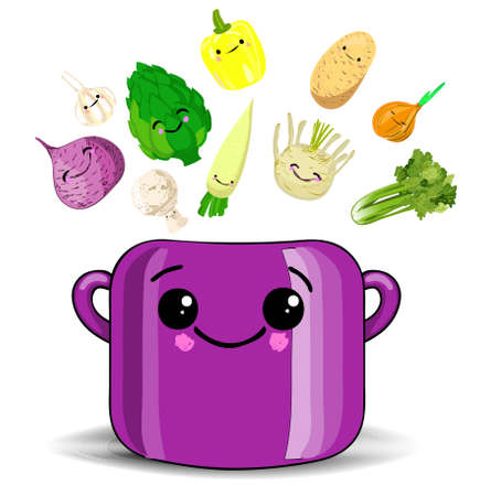 Children's poster with food. Saucepan with cute character vegetablesのイラスト素材