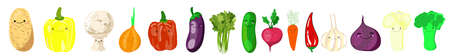 Set of stickers kawaii or patches with - vegetables - tomatoes, cucumbers, radishes, onions, pollock, eggplants, broccoli, celery, cauliflower, potatoes beets carrots on a white backgroundの写真素材