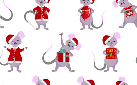 Christmas seamless pattern. New Years symbols of 2020. Mice and rats with gifts and greetings.のイラスト素材