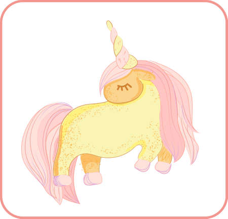 Cute little pink magical unicorn. Vector design on white background. Print for t-shirt. Romantic hand drawing illustration for children.のイラスト素材