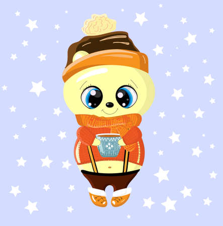 cute little white bear in the snow. holding a cup of hot drink. blue backgroundのイラスト素材