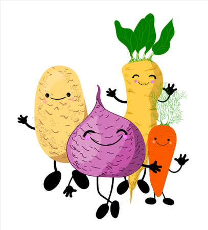 vegetables root characters with legs and faces. children's educational illustrationのイラスト素材