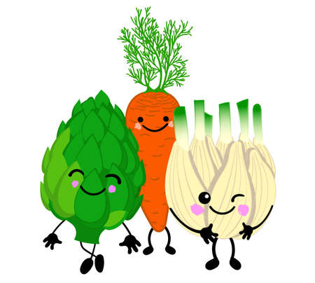 set of cute vegetables with eyes and smiles on a white background.のイラスト素材