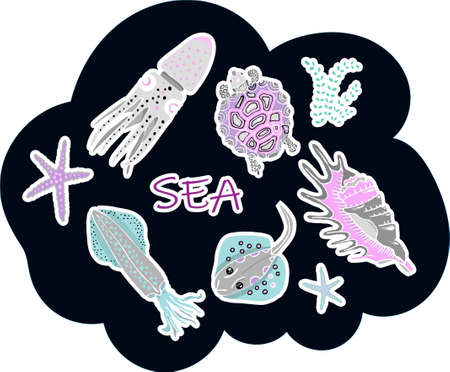 Sea animals stickers on black background.のイラスト素材