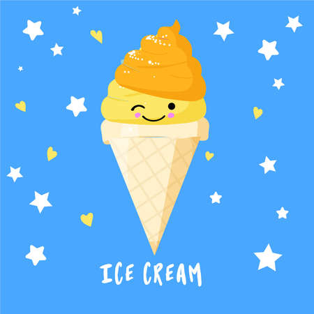 ice cream in waffle cones, ice lolly Kawaii with pink cheeks and winking eyes, pastel colors on light blue background. Vectorのイラスト素材