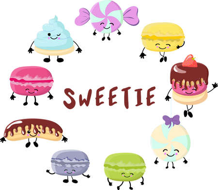 Card design for your text. round frame, wreath. cupcakes, ice cream in waffle cones, ice lolly Kawaii with pink cheeks and winking eyes, pastel colors on white background.のイラスト素材