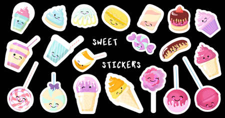Set of cute sweet icons in kawaii style with smiling face and pink cheeks for sweet design. Sticker with inscription So cute. Ice cream, candy, cap with coffee, soda, cupcake, macarons.のイラスト素材