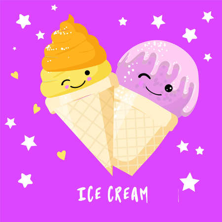Funny strawberry and lemon ice cream character in waffle cone with smiling face, cartoon style vector illustration isolated on pink background. Cute smiley with strawberry ice cream with eyesのイラスト素材