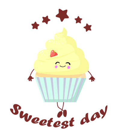 greeting card. Happy sweets cupcake or muffin horn with eyes and a smileのイラスト素材