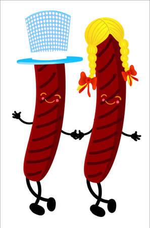 funny smoked sausage barbecue with eyes and smile. on a white backgroundのイラスト素材