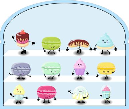 Bakery shop vitrine freezer with cakes and pastry.のイラスト素材