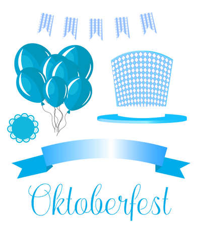 set of elements for the German Oktoberfest beer festival. hat, balloons and ribbon for text. Blue Tsyet.のイラスト素材