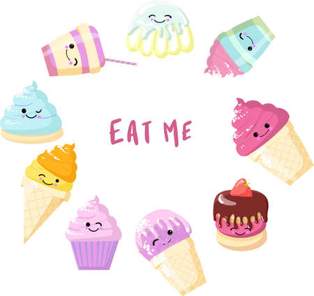 Set of kawaii food - sweets or desserts on white background, cute characters for print, cards. Donut, cake, bun, candy, cotton candy, cup of tea are smiling. flat illustrationのイラスト素材