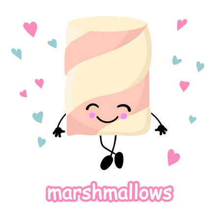 Marshmallows with eyes and smiles. Funny face. Cute cartoon character. Symbol of love sign. Minimal flat lay. Marshmallow steam set. Sweet food. Pink Background Vectorのイラスト素材