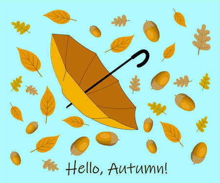 autumn background with yellow leaves and rain umbrellaのイラスト素材
