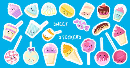 Set of cute sweet icons in kawaii style with smiling face and pink cheeks for sweet design. Sticker with inscription So cute. Ice cream, candy, cap with coffee, soda, cupcake, macarons.のイラスト素材