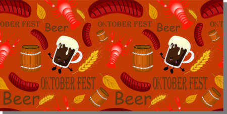 seamless pattern in square format. red background for oktoberfest. fast food food and drink.のイラスト素材