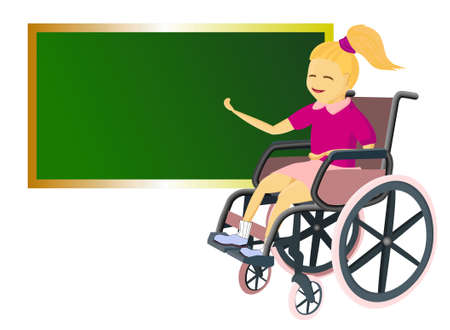 Young people with disabilities AT SCHOOL- GIRL OF A CHILD In a wheelchair - smiling and greeting. Flat characters in isolated background. World Disability Day concept.のイラスト素材