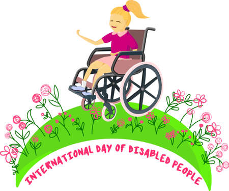 girl in nature. Disabled children in wheelchairs. The child looks at the flowers and is happy. Logo or greeting card with international disabled dayのイラスト素材