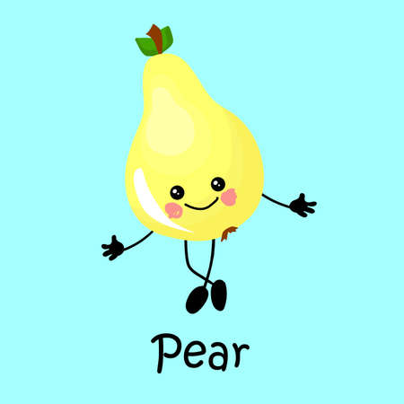 fruit pear Character with face and smile. Card for teaching children. Healthy and wholesome foodのイラスト素材