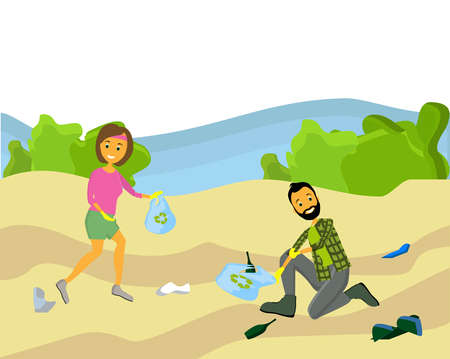 Beach cleanup flat composition with volunteers collecting washed up rubbish bottles drinking beakers plastic junk vector illustrationのイラスト素材