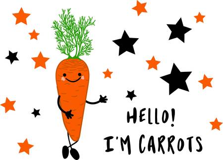 Carrot character. Greeting card or poster for children's learning, printing on clothes or utensils. Character with a face and a smile. Good nutrition. Healthy breakfastのイラスト素材