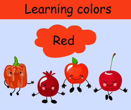 Bell pepper, pomegranate, apple and cherry. Fruit funny characters for educating children. Learn red color. The card is beautiful and bright. Healthy food.のイラスト素材