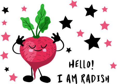Radish character. Greeting card or poster for children's learning, printing on clothes or utensils....