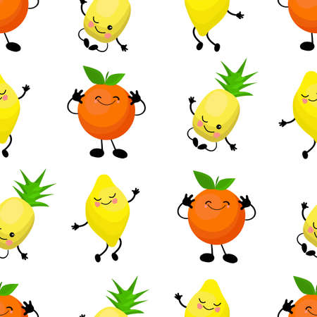 SEAMLESS pattern exotic fruits banana, orange, pineapple durian fruit cherry red Funny cute faces character. Kitchen textile or wrapping paperのイラスト素材