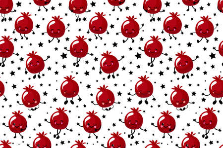 Vector seamless pattern with pomegranate characters over white background. Design for cosmetics, spa, pomegranate juice, health products, perfumes. Suitable for textile or wrapping paper.のイラスト素材
