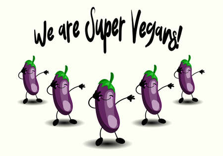 horizontal postcard to the day of vegan. Eggplant characters cool dancing on a white backgroundのイラスト素材