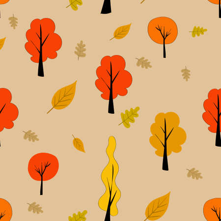Autumn seamless pattern with yellow and orange trees and leaves. Light beige background. Scandinavian style pattern.のイラスト素材