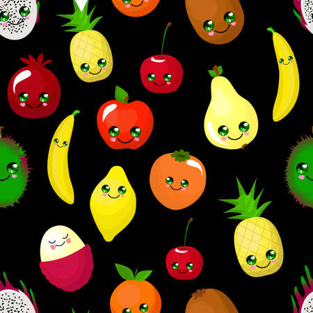 Fruit seamless pattern on a black background. Pear, apple and orange. Banana, lemon, persimmon and cherry. Cute characters with faces and a smile.のイラスト素材