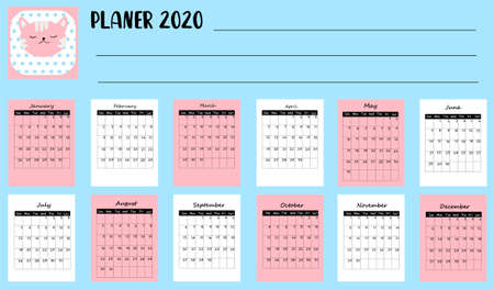 2020 calendar and glider. Image of a cute cat. Blue background. Children's design.のイラスト素材